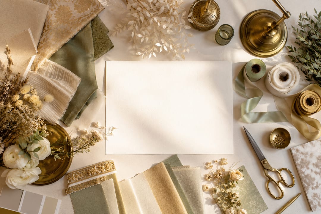 A flat-lay moodboard: a blank card surrounded by sage and ivory fabric swatches, brass bowls, ribbon spools, gold scissors and dried flowers.