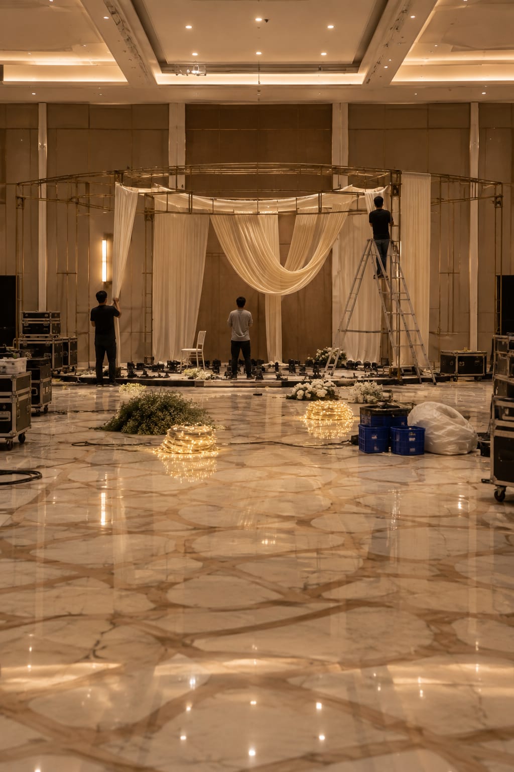 A crew rigging drapes across a marble-floored banquet hall mid-installation, ladders and equipment still on the floor.