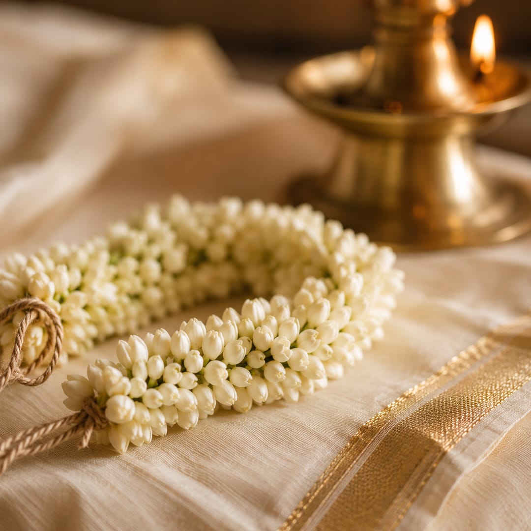 Close detail of a jasmine garland and two gold rings resting on off-white kasavu cloth with its gold zari border, a brass lamp glowing behind.