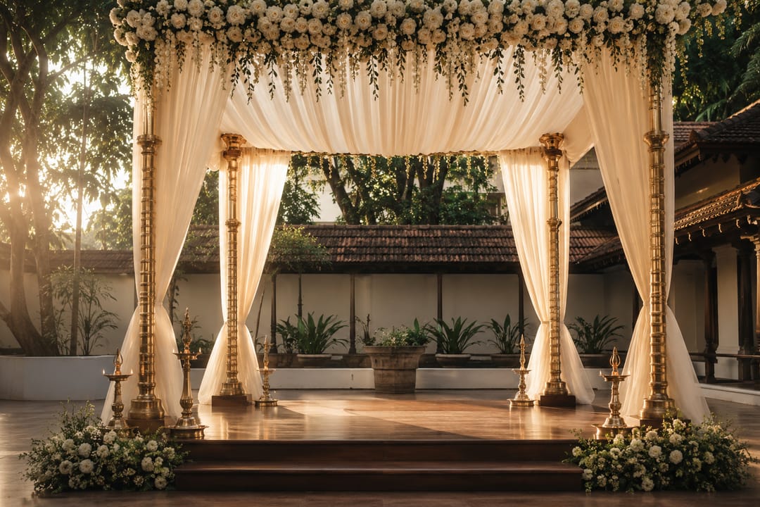 An ivory-draped wedding mandap framed by four tall brass pillars, hung with white roses and trailing greenery, set in a Kerala courtyard at sunset.