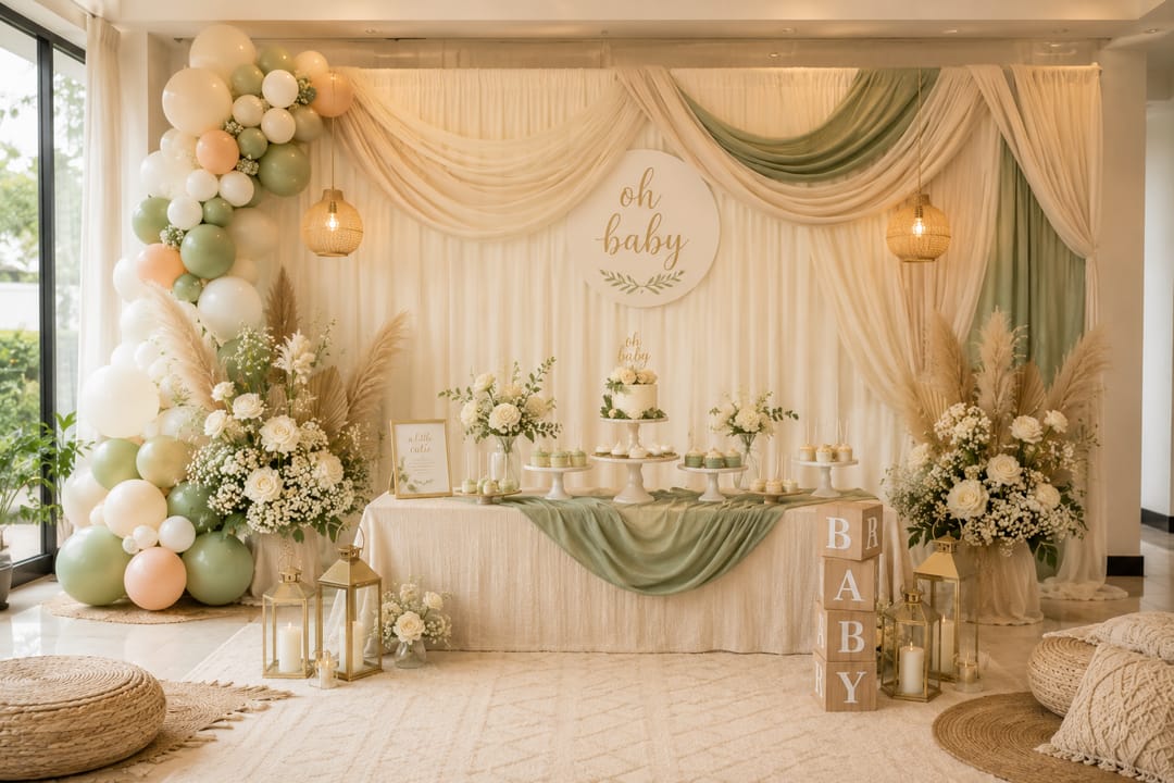 A baby shower backdrop in sage and cream drapes with a balloon cluster in sage, blush and white above a dressed dessert table.