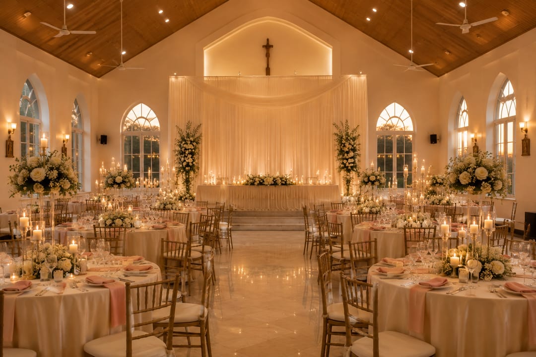 A church interior dressed for a wedding, white drapes and round tables in cream linen with floral centrepieces along the aisle to the altar.