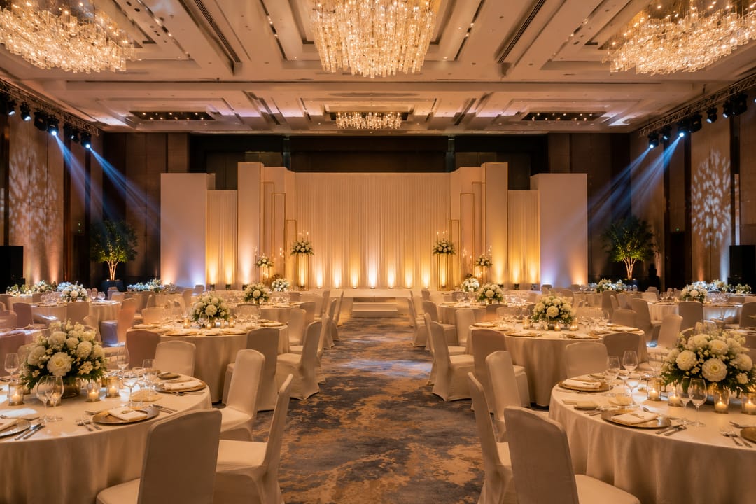 A corporate banquet hall under blue and violet stage uplighting, round tables with white floral centrepieces across a patterned carpet.