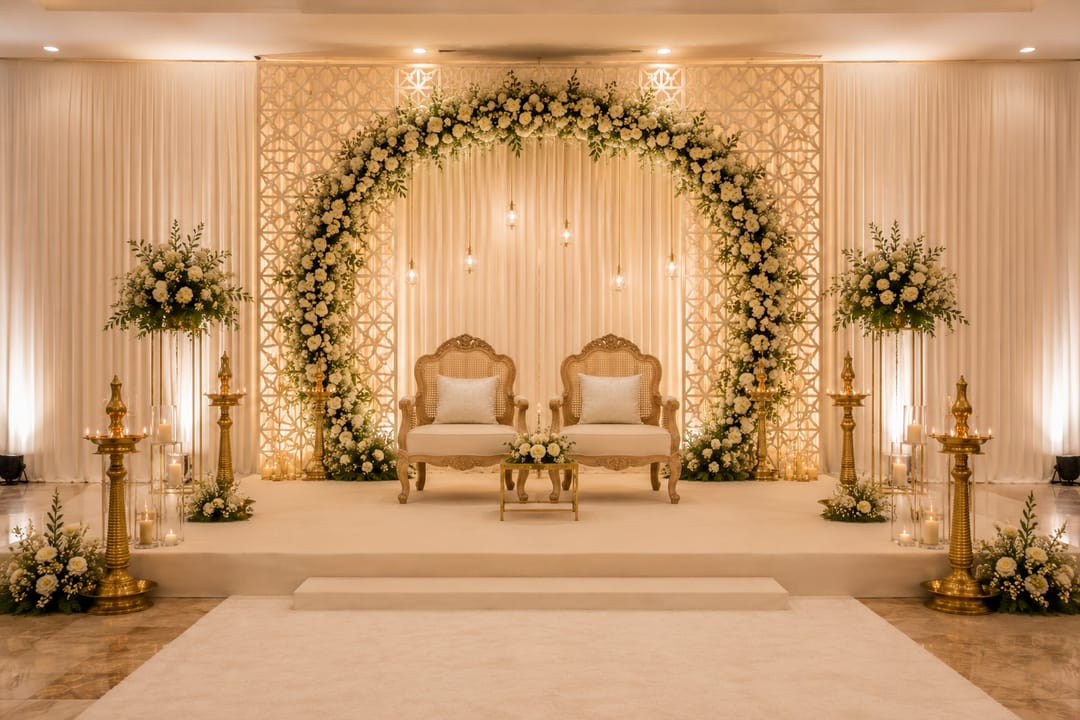 An engagement stage with an arch of white blooms and greenery over two upholstered chairs, brass lamps at either side under warm uplight.