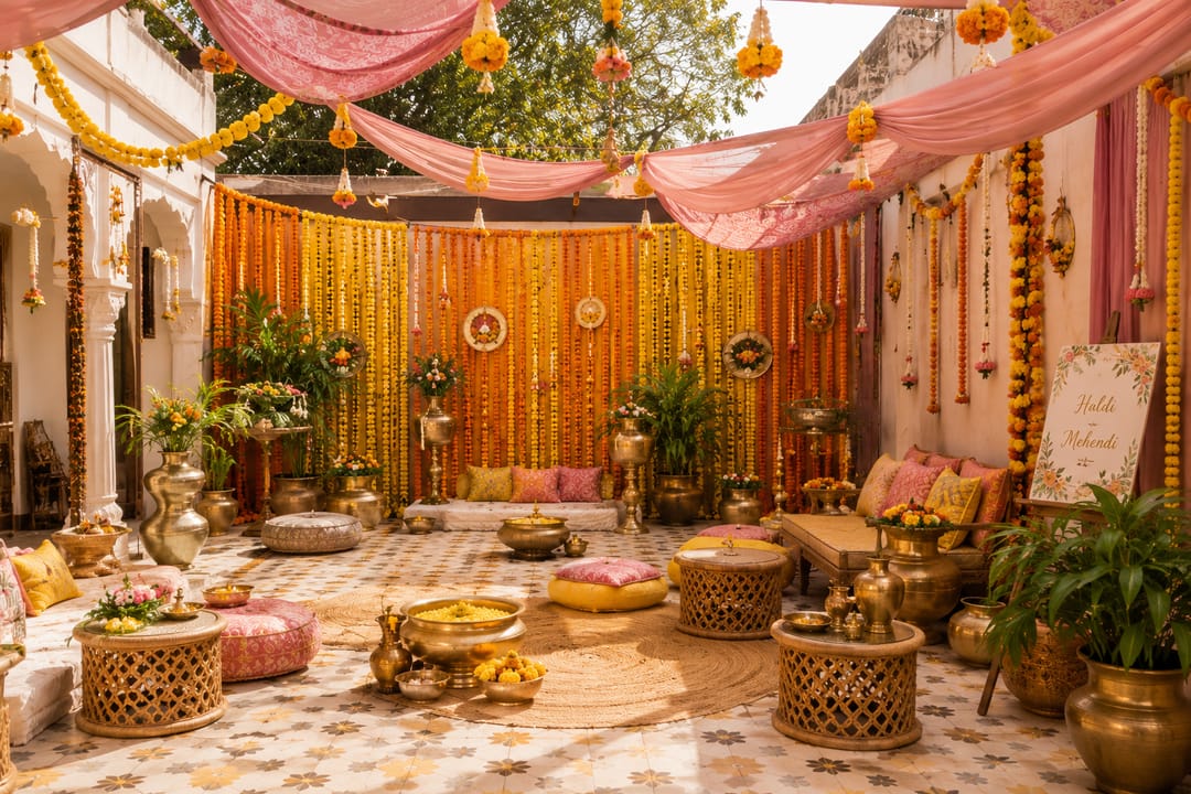 A haldi and mehendi setting in marigold and pink drapes against a yellow floral backdrop, with low cushioned seating and brass vessels.