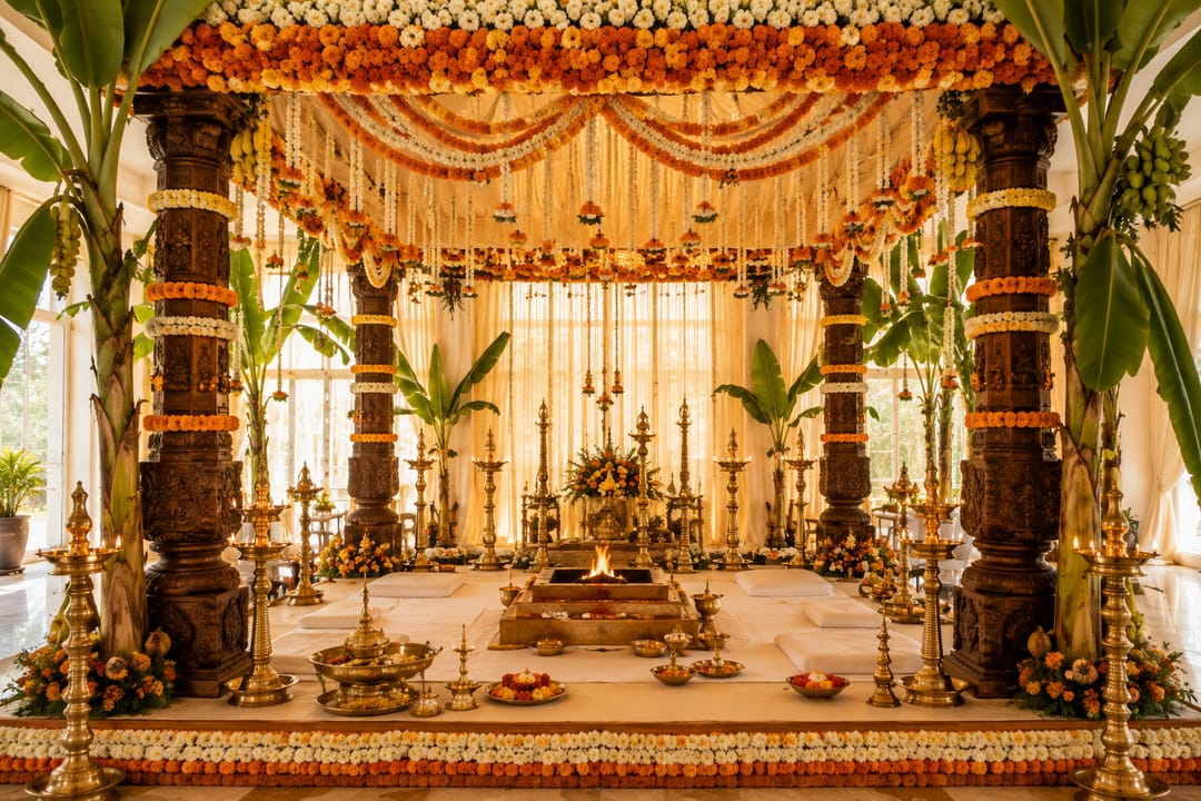 A carved pillared mandap hung with marigold and orange garlands, brass lamps and banana plants framing the ceremonial platform.