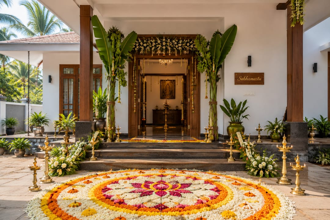 The entrance of a Kerala home with carved wooden doors, a large circular floral pookalam on the ground and brass lamps between banana plants.