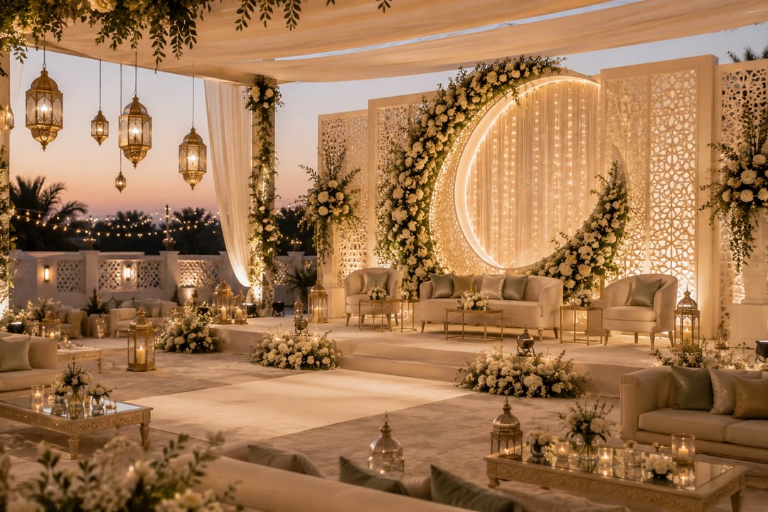 A crescent-moon backdrop built from white flowers above low seating and hanging lanterns, set outdoors against a sunset sky.