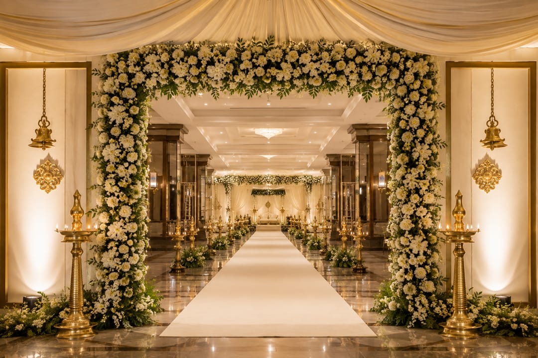 A white floral entrance archway hung with brass lamps, opening onto a white carpet runner leading into a wedding hall.