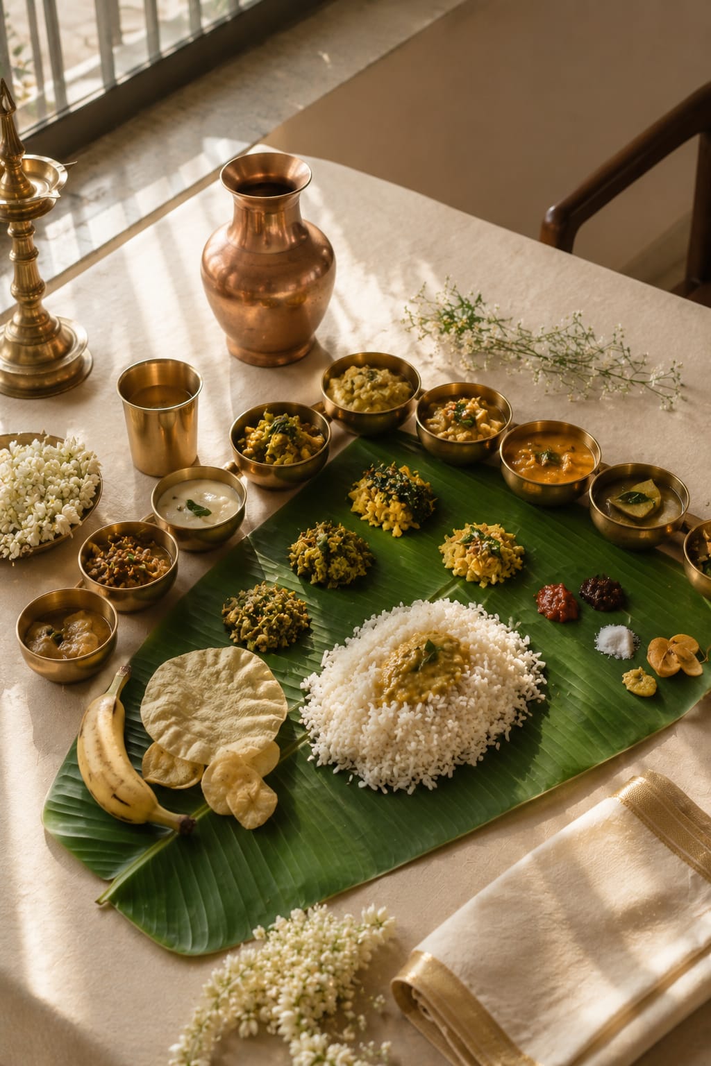 A Kerala sadya laid on a banana leaf, ringed by brass serving bowls and a copper pot on a cream cloth.