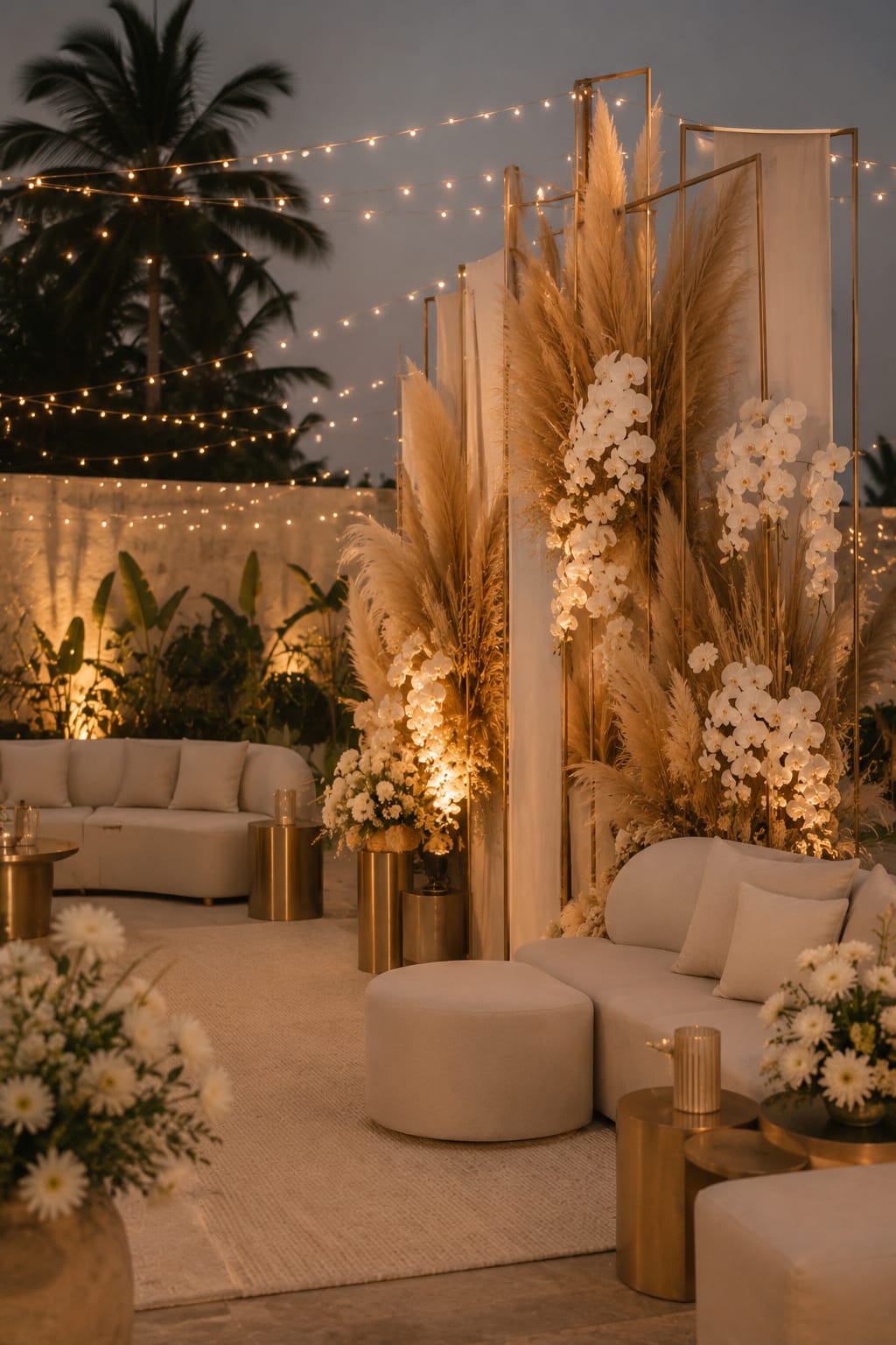 An outdoor evening lounge setting with cream sofas, pampas grass and white florals, strung with warm fairy lights beneath palms.