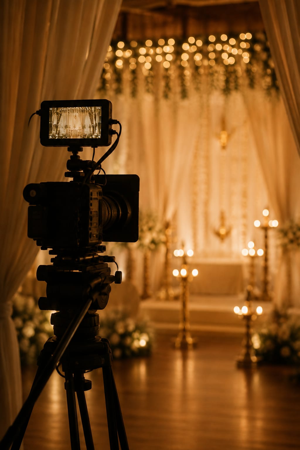 A video camera on a tripod with an LED panel, filming a warmly lit décor set hung with strings of white flowers.