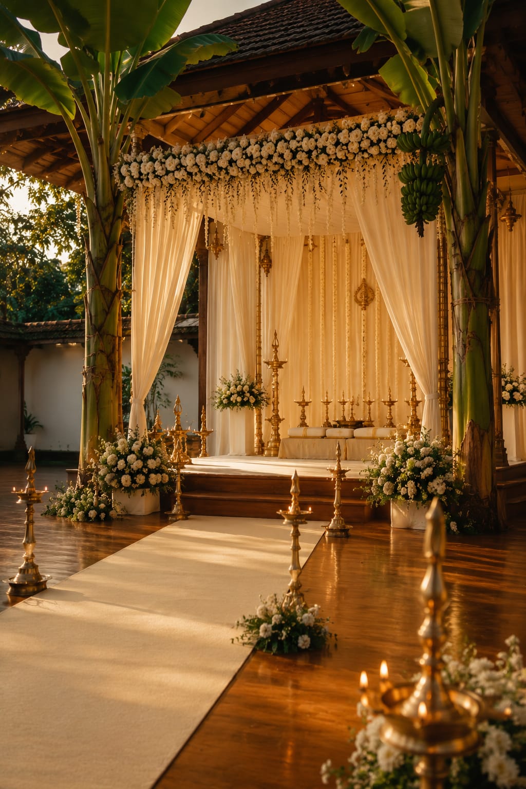 A Kerala wedding venue dressed in ivory drapes and white florals, brass lamps lining a polished wooden floor between carved pillars.