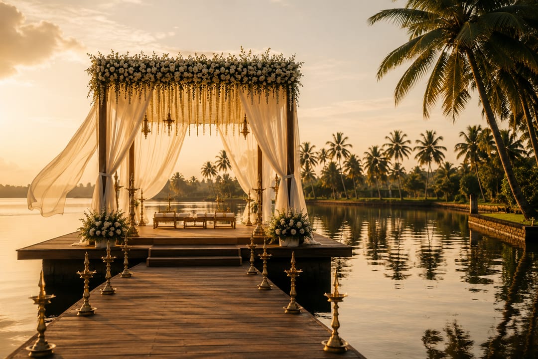 A draped mandap with brass pillars standing on a dark timber deck at the edge of the Kerala backwaters, coconut palms behind it at sunset.