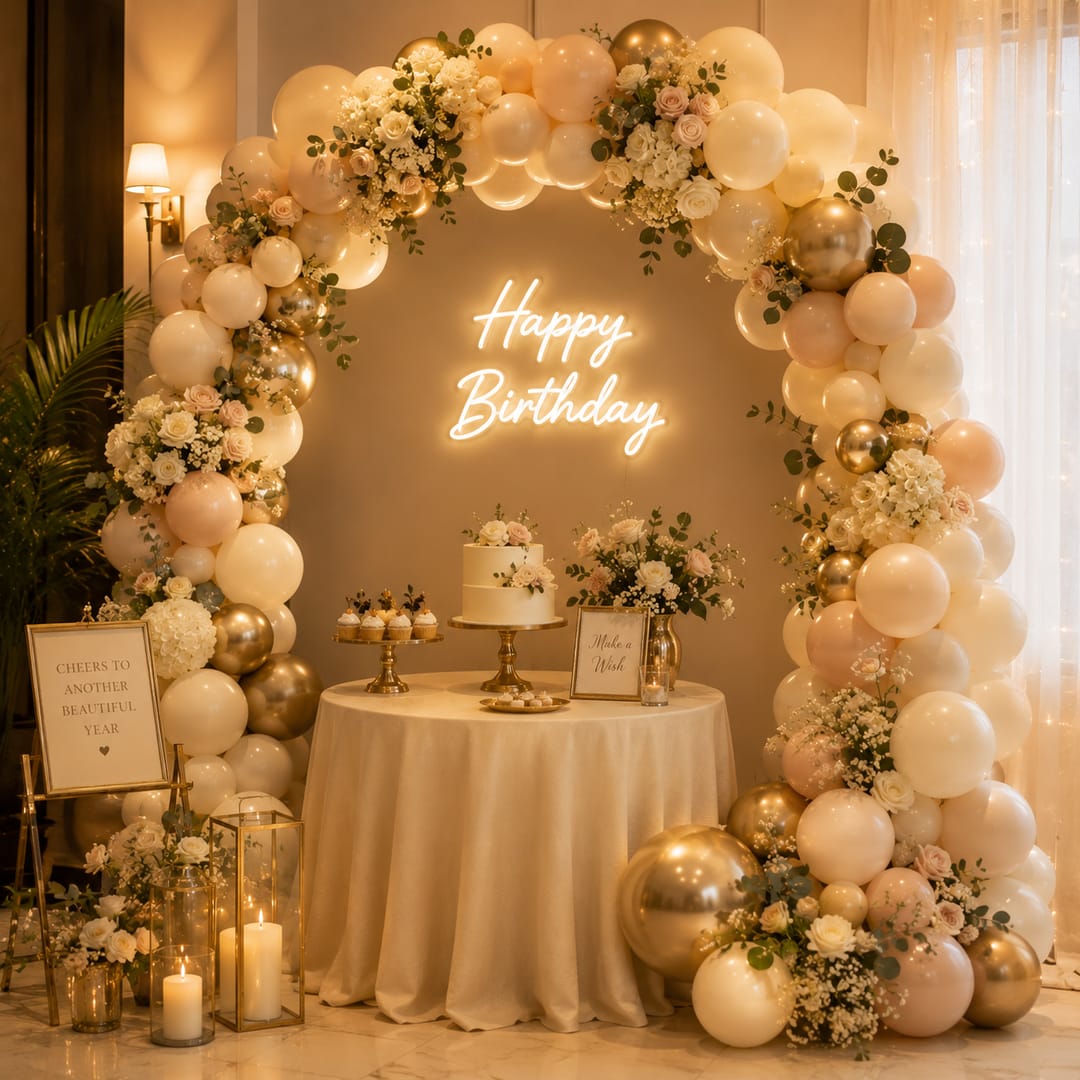 A balloon arch in cream, blush and gold around a neon Happy Birthday sign, with a tiered cake on a round cream-clothed table.