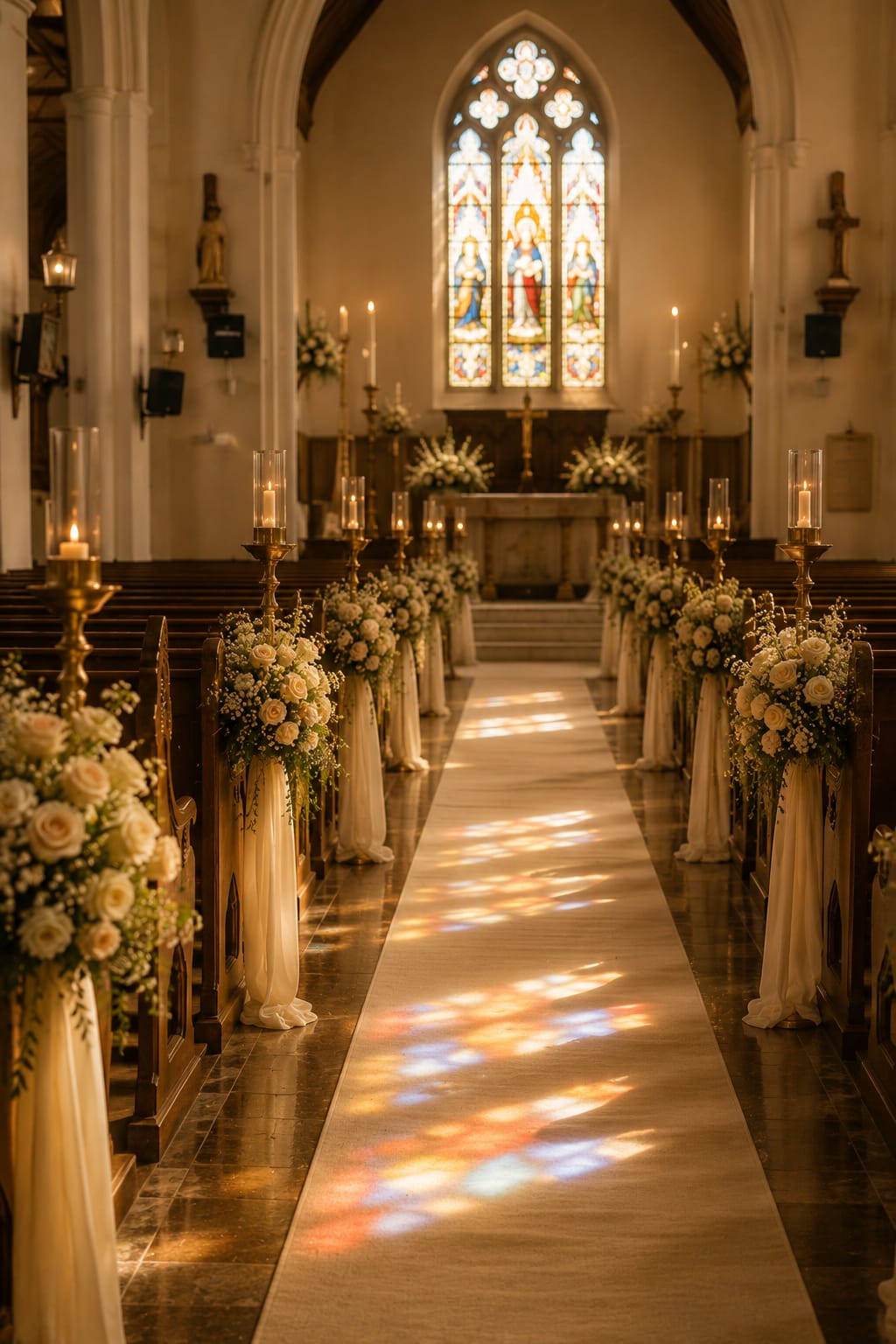 A church aisle lined with white floral pedestals and candles, stained glass casting coloured light across the polished floor.