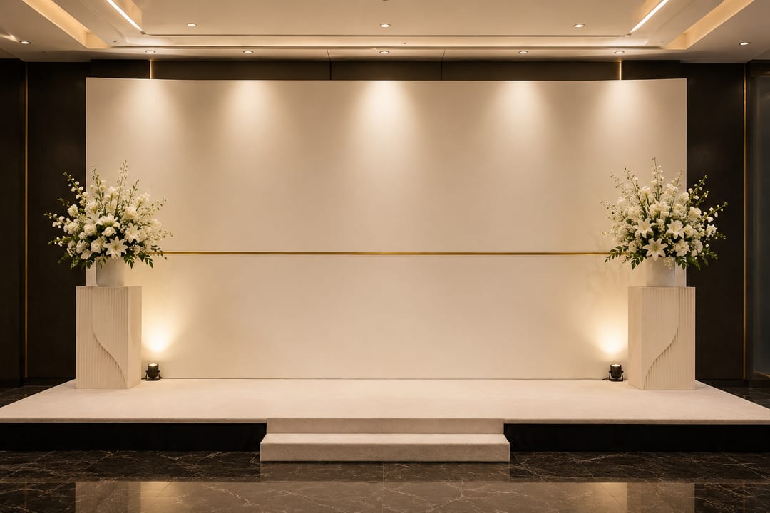 A pared-back corporate stage: a low white platform against an uplit backdrop, flanked by two tall white floral arrangements.