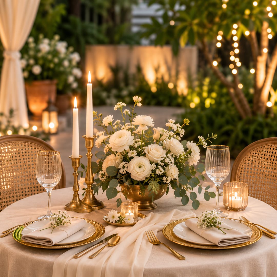An intimate table setting with white roses in a brass bowl, tall ivory candles, gold cutlery and rattan chairs under string lights.