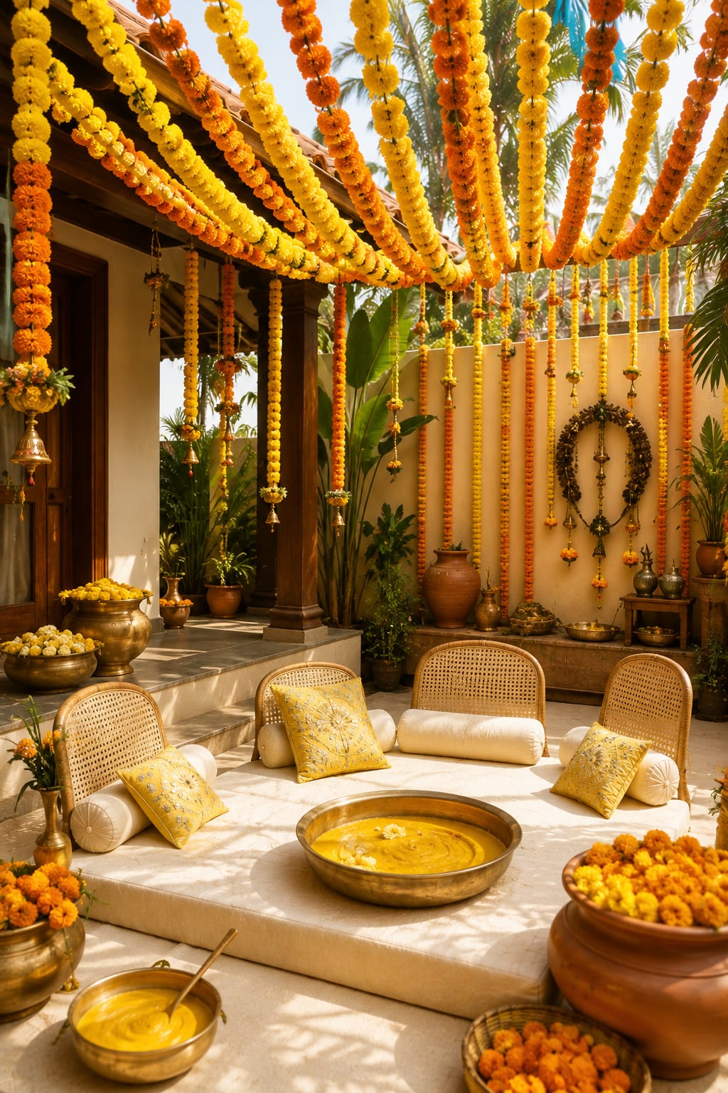 A haldi courtyard canopied in marigold garlands, with low cushioned seating and brass urulis of turmeric on the floor.
