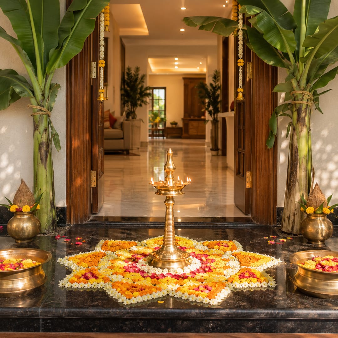 A brass nilavilakku lamp lit at the centre of a star-shaped floral pookalam on polished dark stone, banana plants framing the doorway.