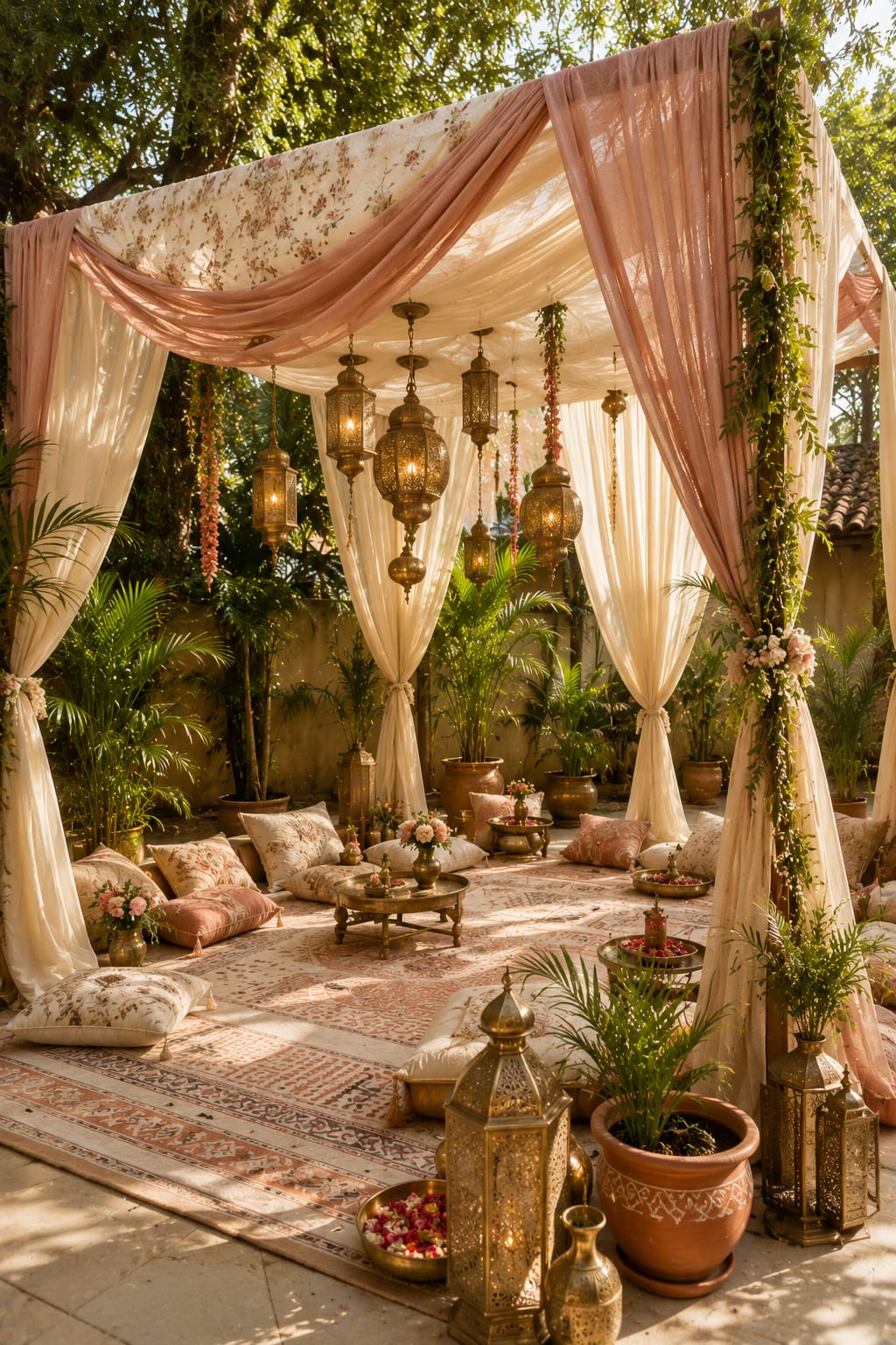 A mehendi canopy draped in blush and ivory fabric, hung with lanterns above rugs, cushions and potted plants in a garden.
