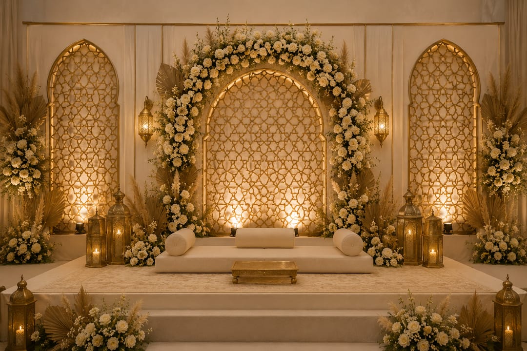 A nikah stage set against an arched latticework backdrop banked with white flowers, low ivory seating and brass lanterns under warm uplight.