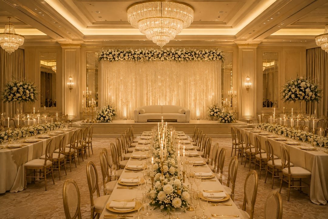 A reception ballroom under crystal chandeliers, long banquet tables dressed in white florals with gold chiavari chairs.
